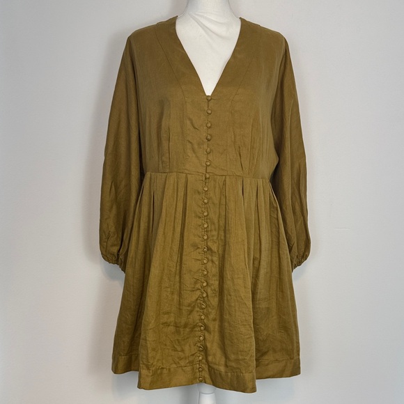 BANANA REPUBLIC Linen Balloon-Sleeve Mini Dress Size 10. Dry Mustard Color. - Picture 1 of 15